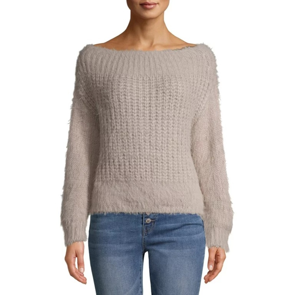 Dreamers By Debut Off The Shoulder Eyelash Pullover Grey Sweater